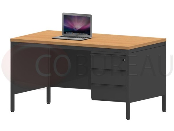 Bureau demi-ministre 140 cm métal 3 tiroirs plateau hêtre