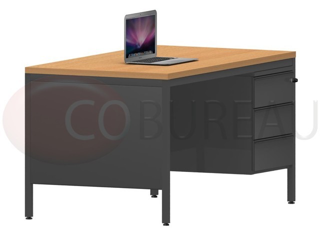 Bureau demi-ministre 140 cm métal caisson 3 tiroirs plateau hêtre