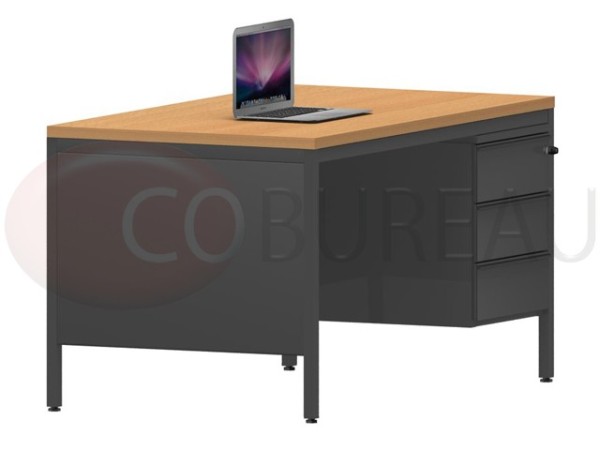 Bureau demi-ministre 140 cm métal caisson 3 tiroirs plateau hêtre