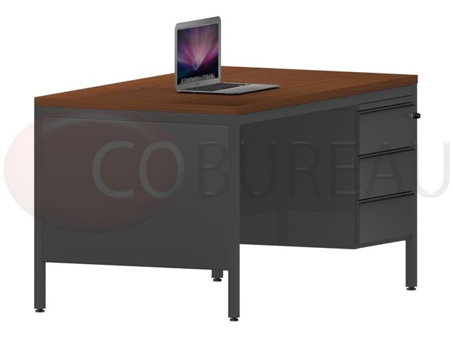 Bureau demi-ministre 140 cm métal caisson 3 tiroirs plateau noyer
