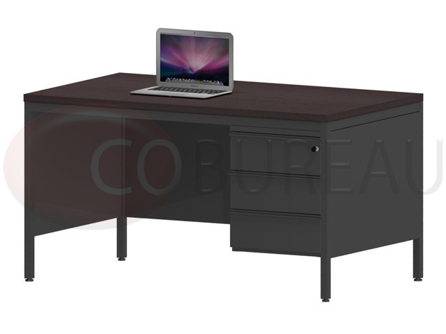 Bureau demi-ministre 140 cm métal 3 tiroirs plateau wengué