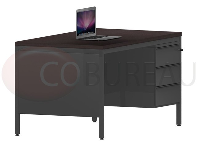 Bureau demi-ministre 140 cm métal caisson 3 tiroirs plateau wengué