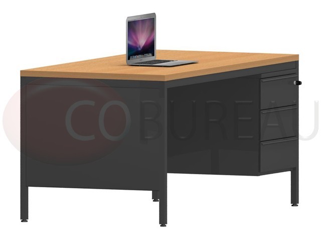 Bureau demi-ministre 160 cm métal 3 tiroirs plateau hêtre