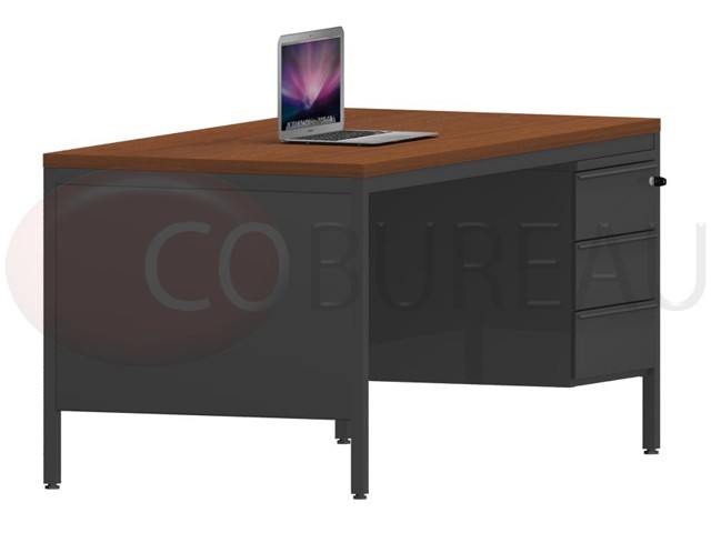 Bureau demi-ministre 160 cm métal caisson 3 tiroirs plateau noyer