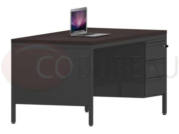 Bureau demi-ministre 160 cm métal caisson 3 tiroirs plateau wengué
